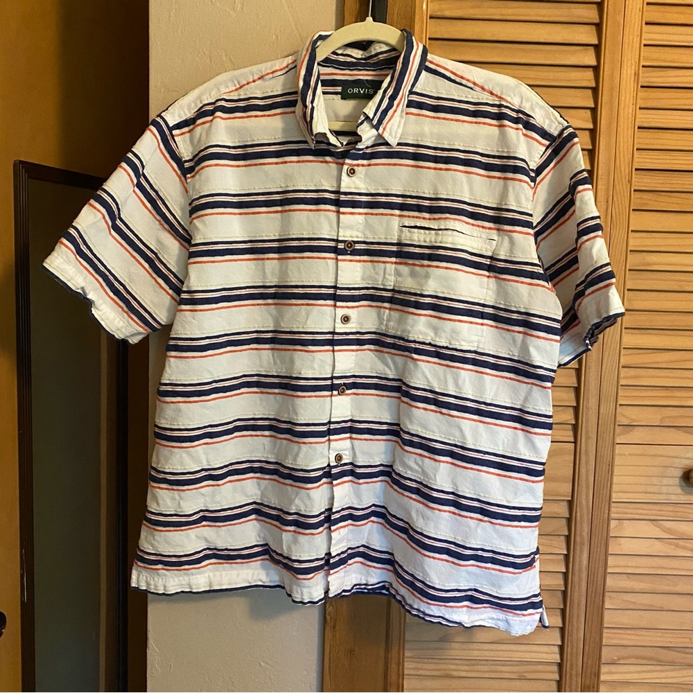 ORVIS Men’s Short Sleeve Shirt White Textured Blue Orange Striped Button Up XL
